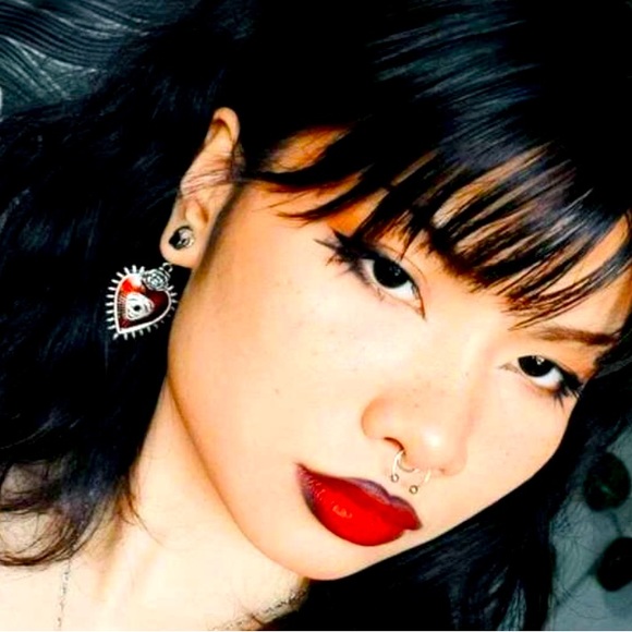 Goth Steampunk EvilEye Enchantress Queen of Hearts Statement EarJacket E… - Picture 7 of 10